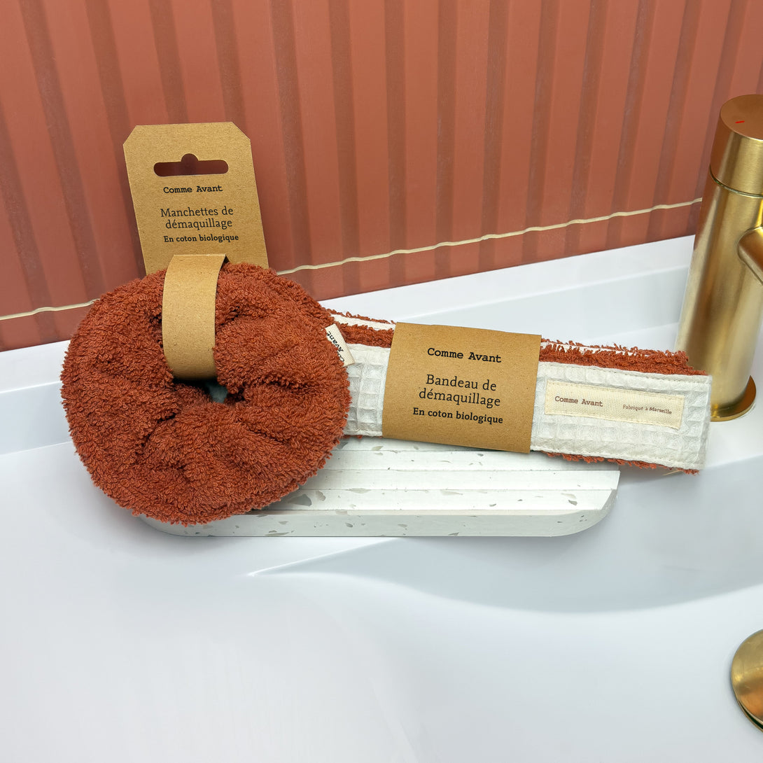 Bandeau et manchettes de démaquillage terrcotta