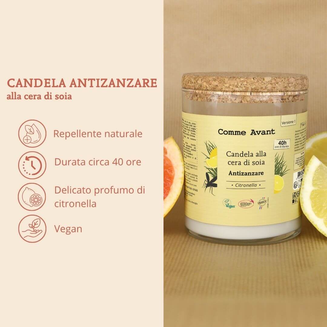 Candela antizanzare alla cera di soia con durata di circa 40 ore