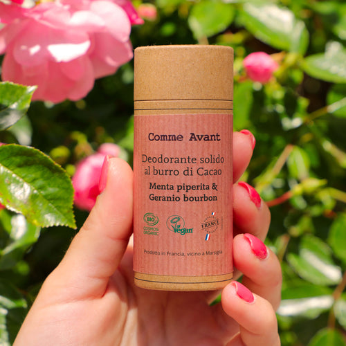 Deodorante solido al burro di cacao con menta piperita e geranio boubon