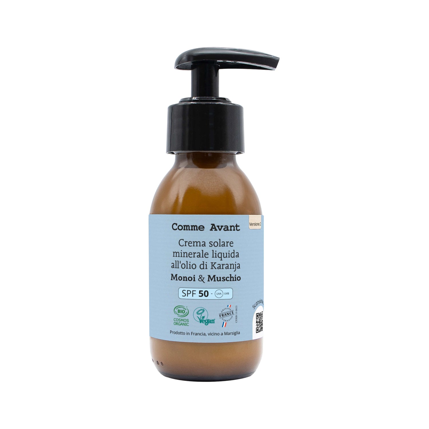 Crema solare minerale liquida al profumo di monoi e muschio
