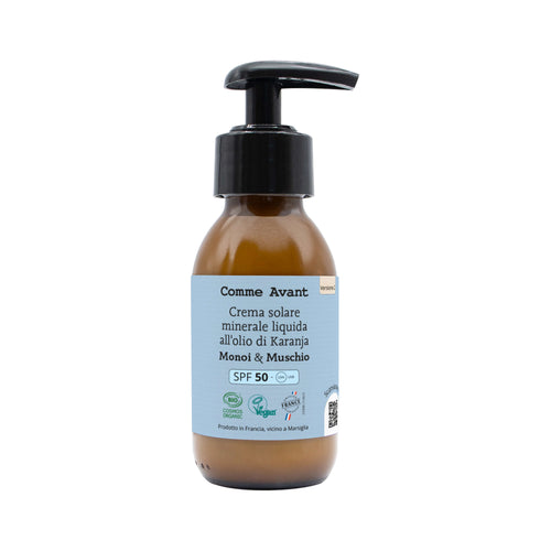 Crema solare minerale liquida al profumo di monoi e muschio