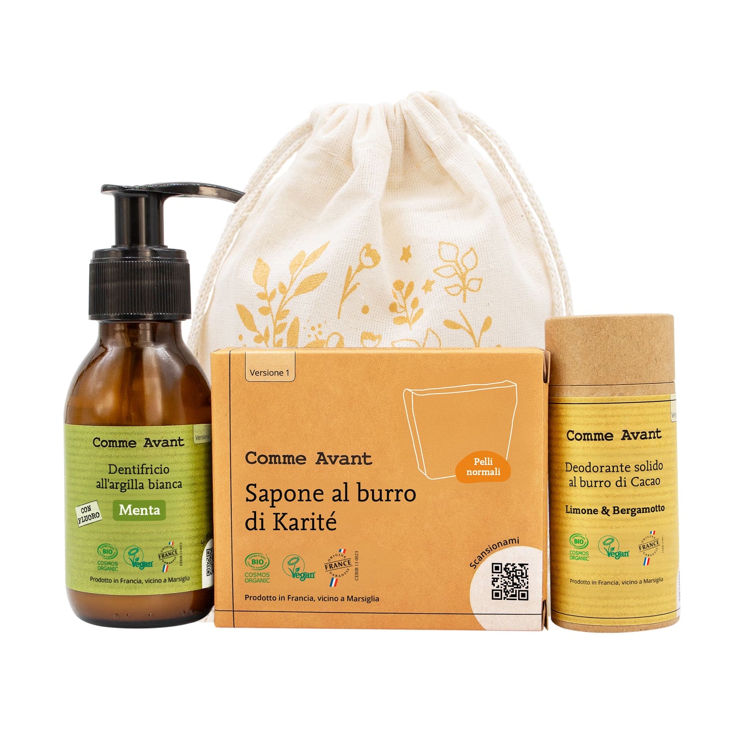 Cofanetto con cosmetici essenziali con Deodorante, sapone al burro di karite e dentifricio all'argilla bianca