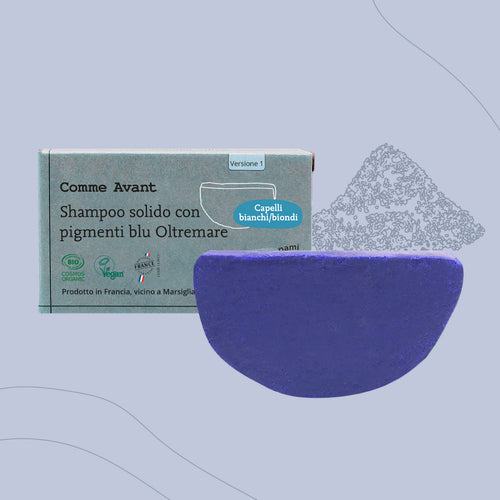 Shampoo solido con pigmenti blu Oltremare capelli bianchi e biondi