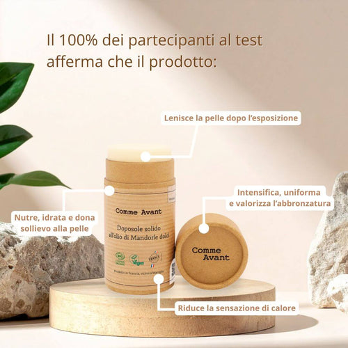 Doposole solido all'olio di mandorle testato dermatologicamente