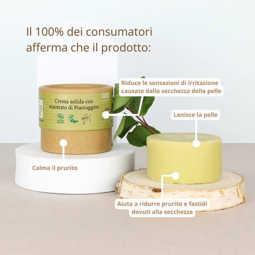 Crema con macerato di piantaggine che lenisce la pelle e calma il prurito
