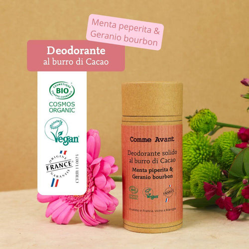 Deodorante solido al burro di Cacao con menta piperita e geranio bourbon