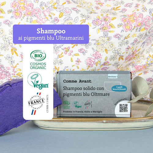Shampoo solido con pigmenti blu oltremare