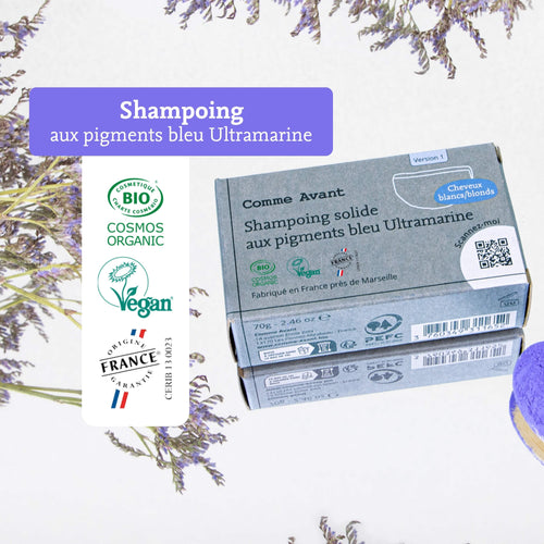 Label shampoing bleu comme avant