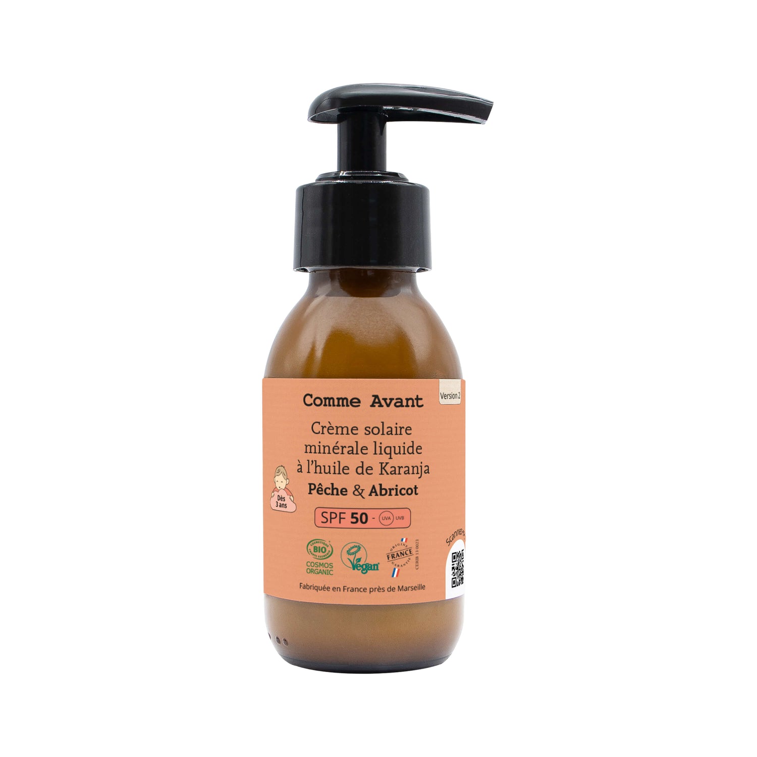 Crème solaire minérale liquide SPF50 abricot et peche